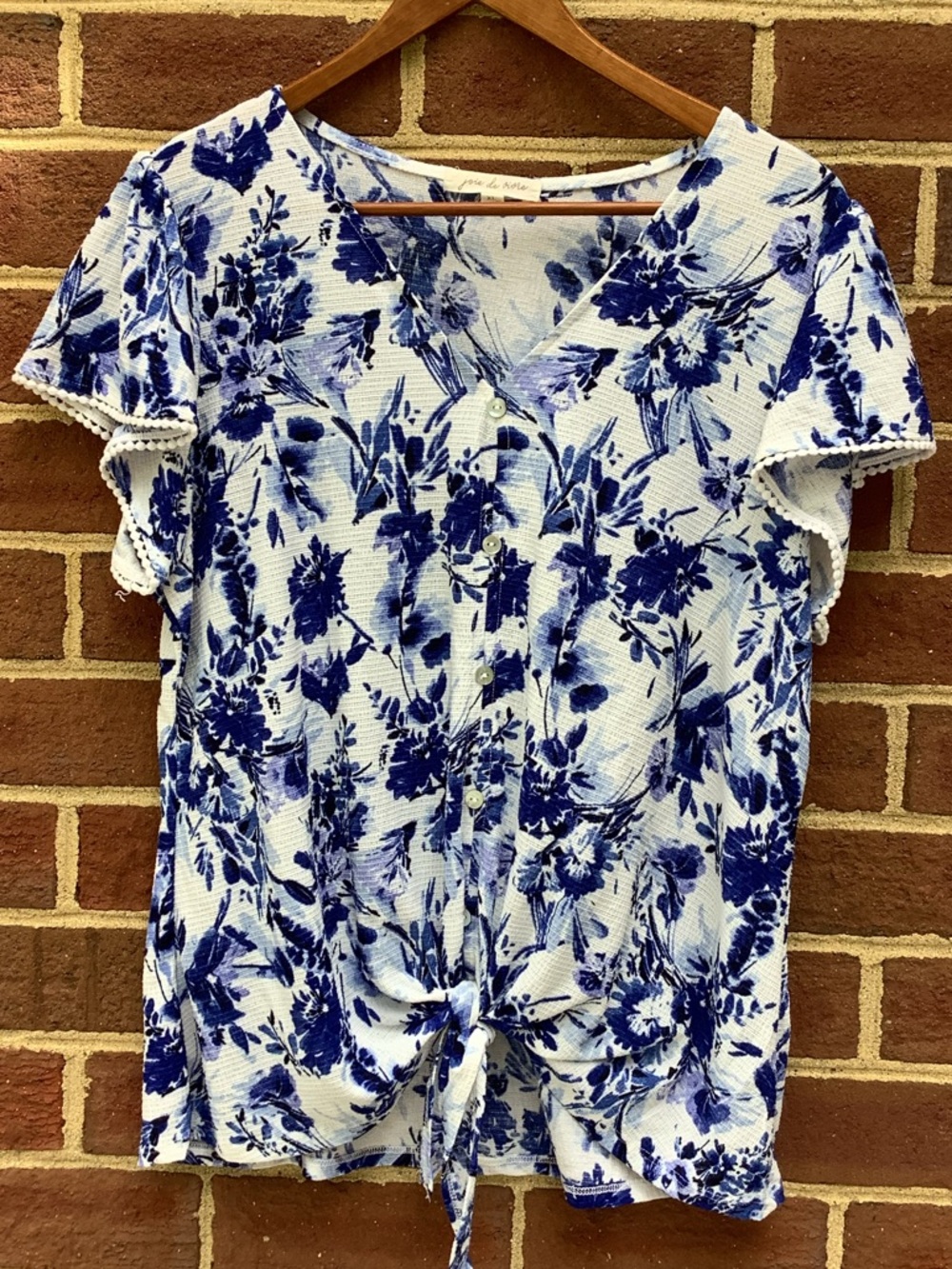 EUC Joie de Vivre Blue White Tie Waist Blouse XL